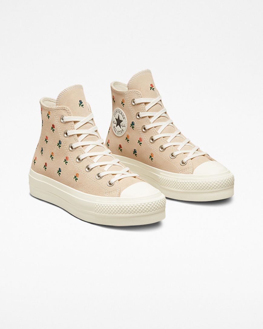 Women's Converse Chuck Taylor All Star Lift Embroidered Roses High Top Platform Shoes Beige | AU 950E6I